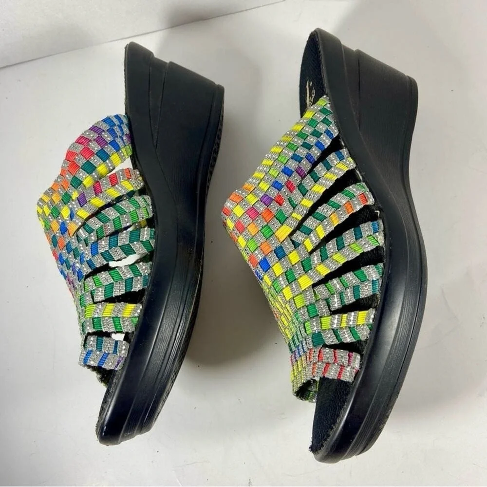 Corkys Rainbow Woven Wedge Sandals Silver Sparkle Slides Size 9